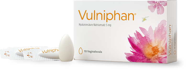 Packshot Vulniphan® Vaginalovula zur Behandlung von Scheidentrockenheit (vaginaler Trockenheit).