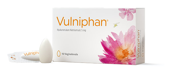 Packshot Vulniphan® und Produktansicht der Vaginalovula gegen Scheidentrockenheit.